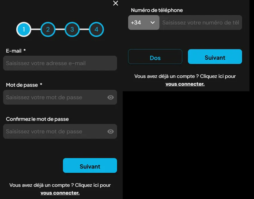 Formulaire d'inscription Pjspins Casino avec e-mail, mot de passe et numéro de téléphone