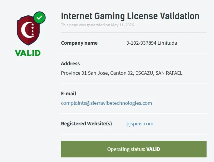 Validation de la licence de jeu Pjspins avec le statut valide de l'opérateur