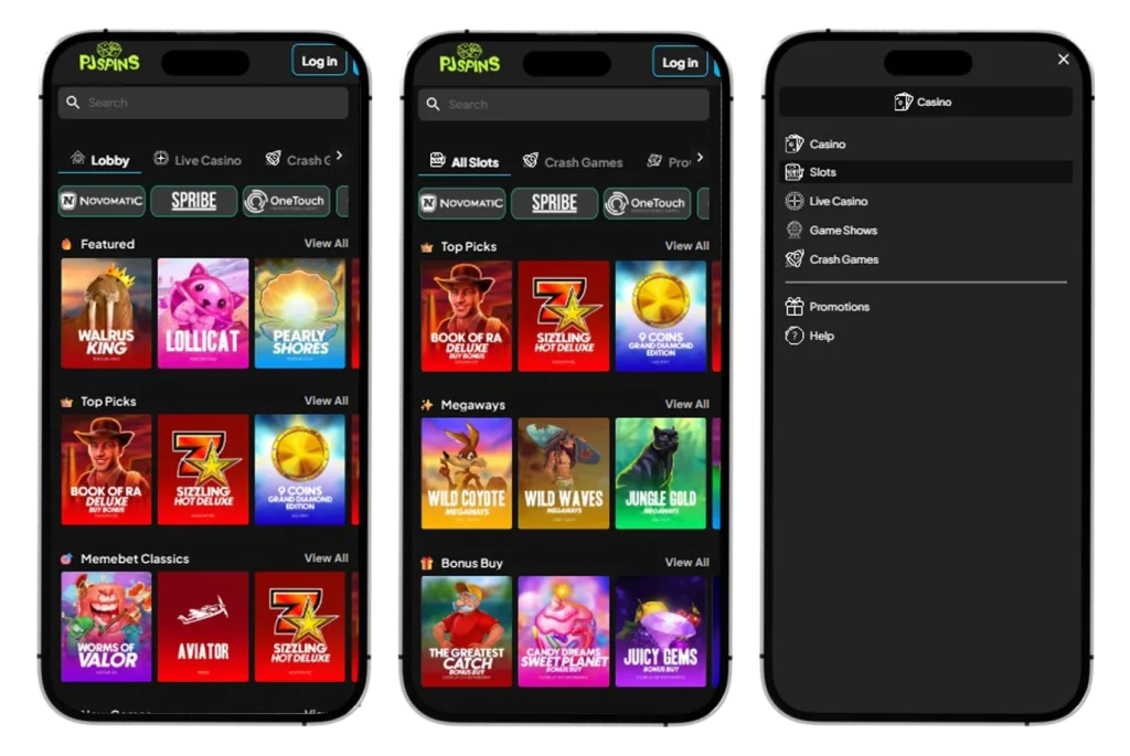 PJSpins Casino Version mobile