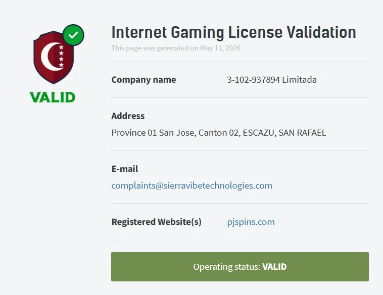 PJSpins Casino Licence